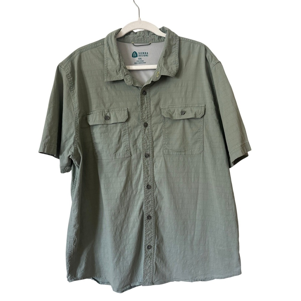 Sierra Designs Tech Shirt XXL Green Button Down Short‎ Sleeve Outdoor Hiking